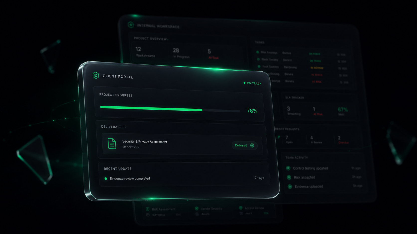 The curated client portal in front, with the internal workspace blurred and hidden behind it