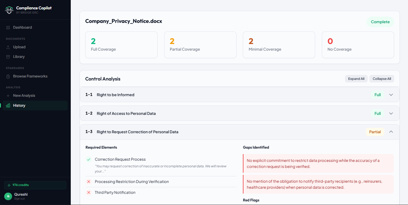 Compliance Copilot — AI-powered gap analysis dashboard showing per-control coverage ratings