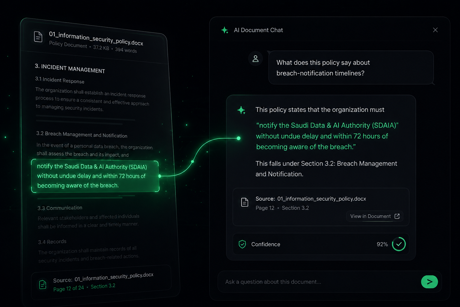 Chatting with a document in Compliance Copilot — a quoted answer drawn from the text