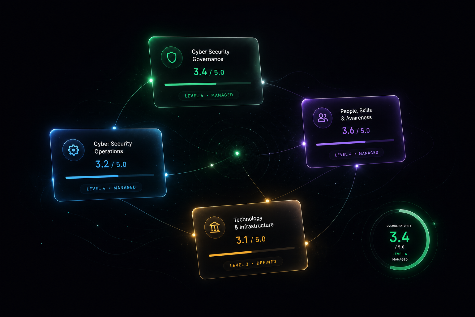 Overview — overall maturity gauge, maturity level badge, and four domain summary cards